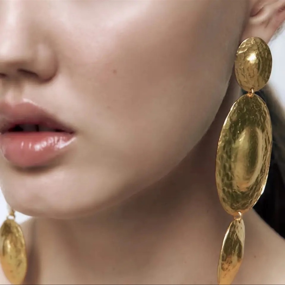 Gold Hammered Drop Earrings - Women Jewelry
